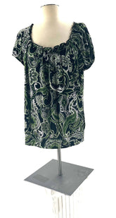 Short Sleeve Top Size M Paisley Black Green And White By Carol Rose Elastic Scoop Neck - TheRealThreads